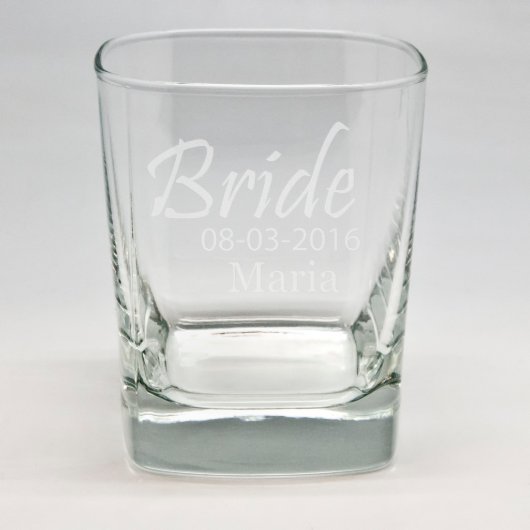 Custom Sand Etched Bridal Party Square Rocks Glass (Front)