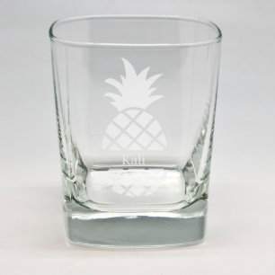 Custom Sand Etched Square Rocks Glass w/Pineapple