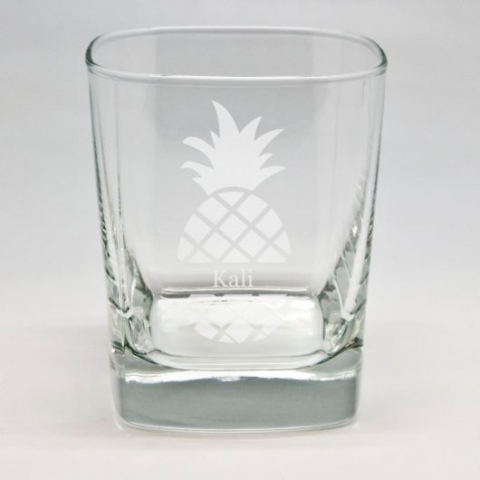 Custom Sand Etched Square Rocks Glass w/Pineapple (Front)