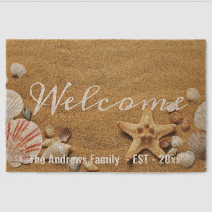 Custom Sand Seashells Ocean Calligraphy Welcome Fiber Doormat