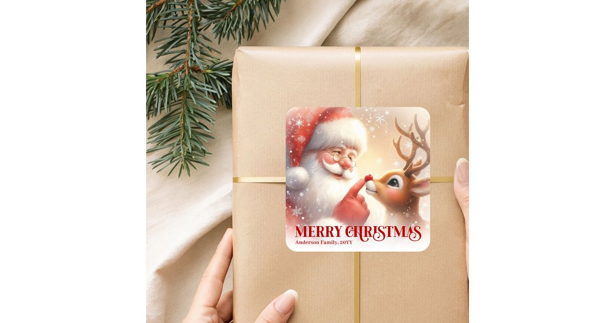 Kid Santa Sticker Custom Santa and Rudolph Joyful Christmas Kids Square Sticker | Zazzle