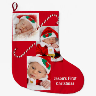 Custom Santa Baby Family Photos Candy Cane Red Large Christmas Stocking