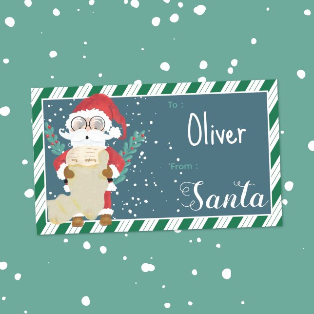 Custom Santa Blue Kid Gift Tag Sticker (Cute Santa blue , green and white kid Christmas gift tag sticker with name .)