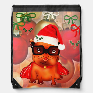 Custom santa claus bulldog on ornaments background drawstring bag