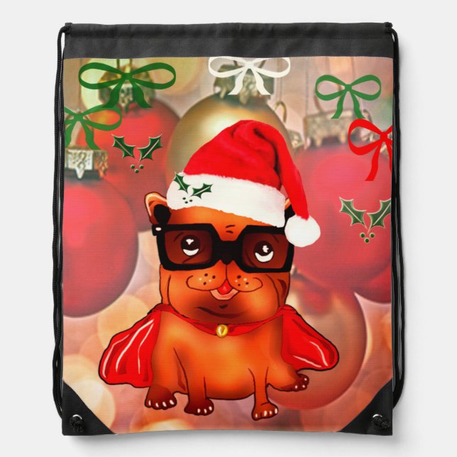 Custom santa claus bulldog on ornaments background drawstring bag (Front)