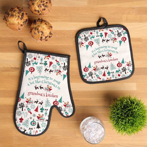 Custom Santa Claus Sleigh Reindeer Ornaments Motif Oven Mitt  Pot Holder Set