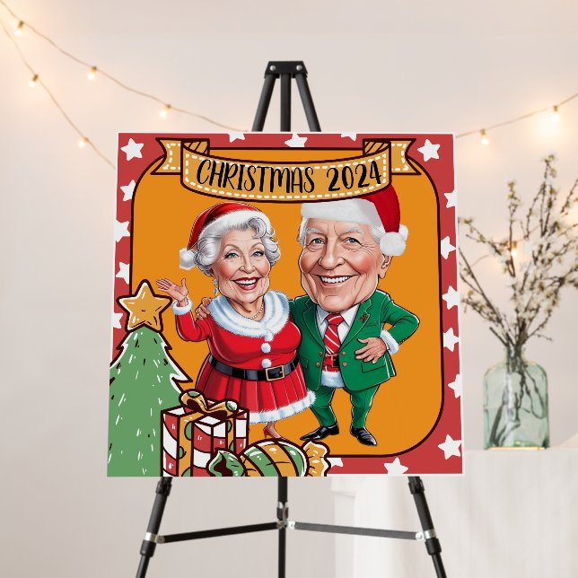 Custom Santa Couple Caricature in Orange frame Foam Board (In Situ (Stand))