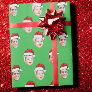 Custom Santa Hat Face Christmas Gift 2 Photo Green Wrapping Paper