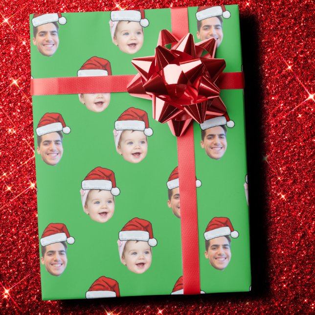Custom Santa Hat Face Christmas Gift 2 Photo Green Wrapping Paper (Creator Uploaded)