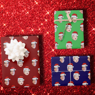 Custom Santa Hat Face Christmas Gift 2 Photos Wrapping Paper Sheets