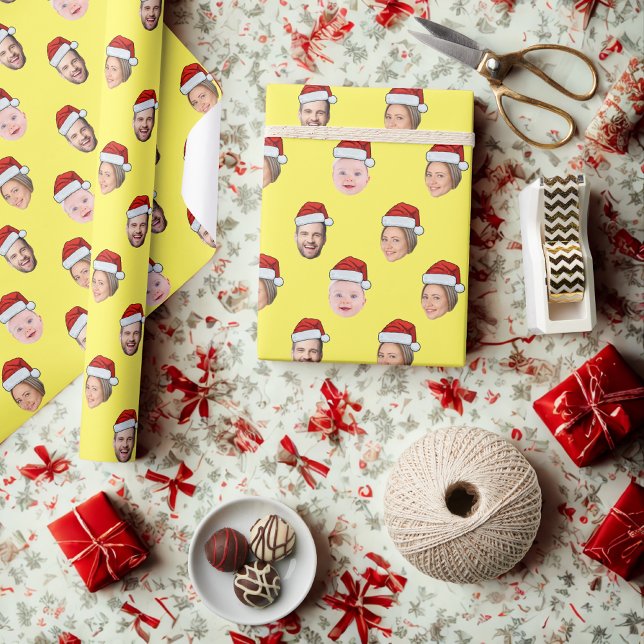 Custom Santa Hat Face Christmas Gift 3 Photos Wrapping Paper (Creator Uploaded)
