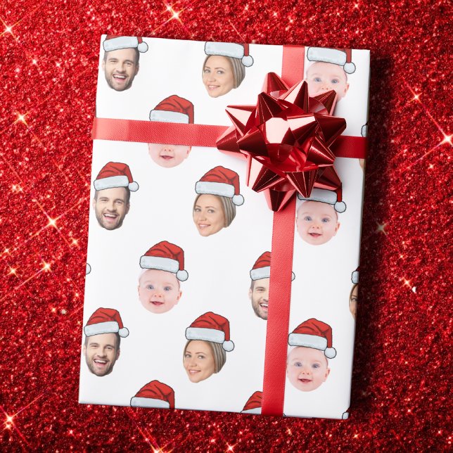 Custom Santa Hat Face Christmas Gift 3 Photos Wrapping Paper (Creator Uploaded)