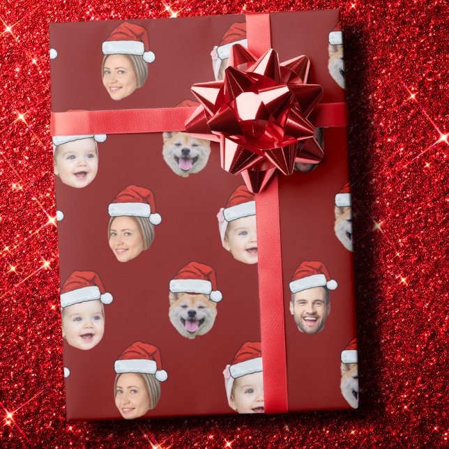 Custom Santa Hat Family Face 4 Photos Christmas Wrapping Paper (Creator Uploaded)