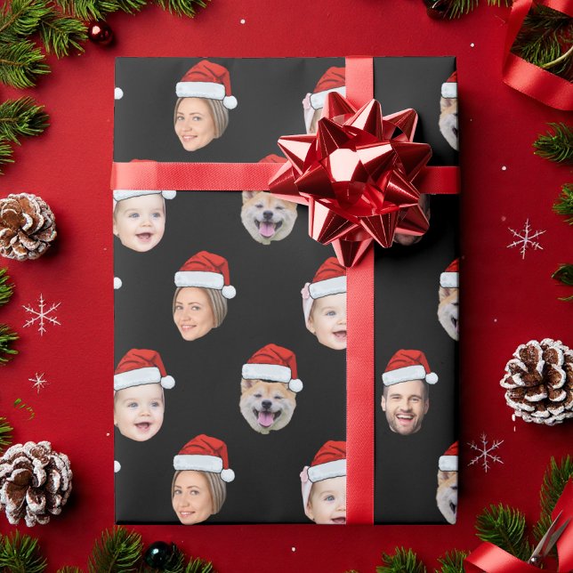 Custom Santa Hat Family Face 4 Photos Christmas Wrapping Paper (Creator Uploaded)