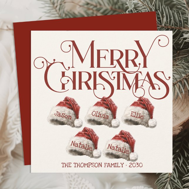 Custom Santa Hat Family Of 5 Red Merry Christmas Holiday Card (Creator Uploaded)