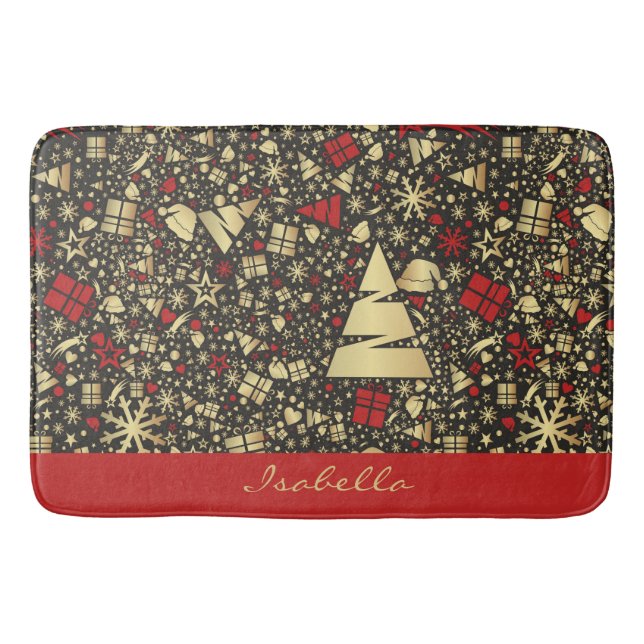  Custom Santa Hat Snowflakes Stars Christmas Tree Bath Mat (Front)