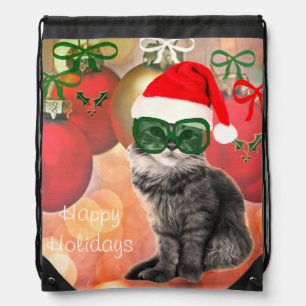 Custom santa holiday cat on ornaments background drawstring bag