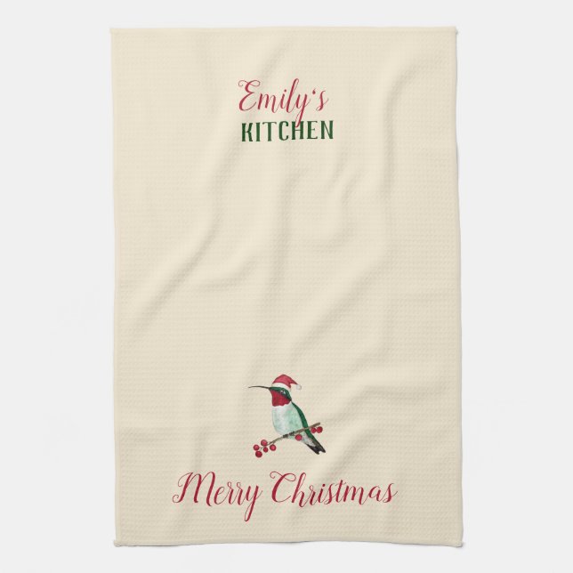 Custom Santa Hummingbird Kitchen Towel (Vertical)
