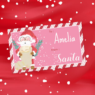 Custom Santa Kid Pink Gift Tag Sticker