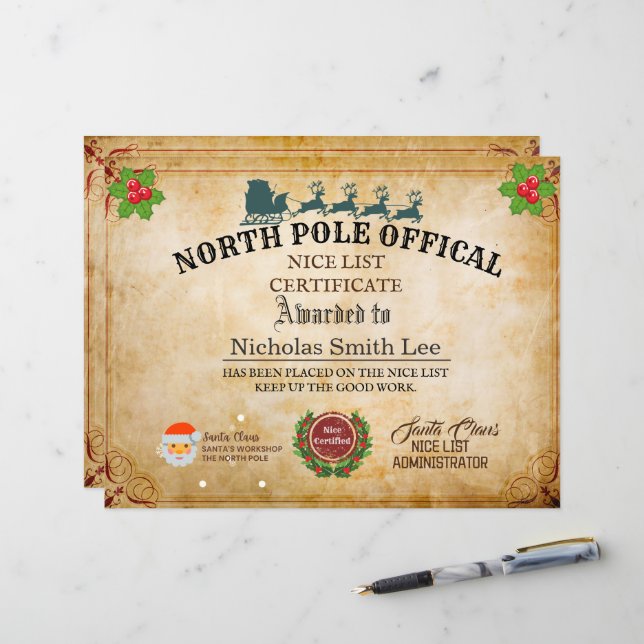 Custom Santa Officials Nice List Christmas Cert (Front/Back In Situ)