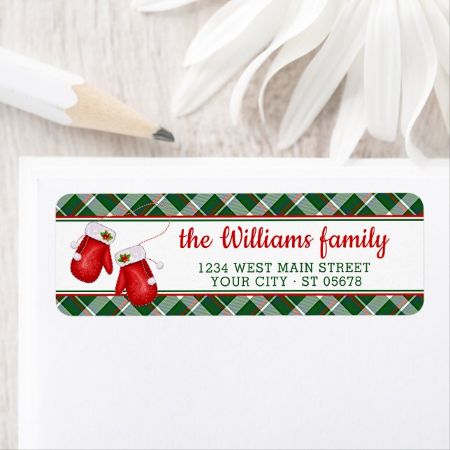 Custom Santa Red Mittens Red Green Plaid Pattern Label (Insitu)