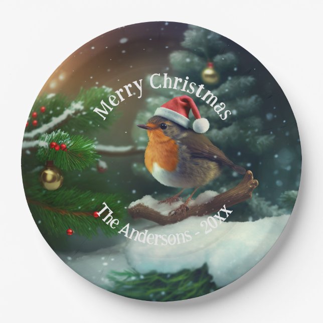 Custom Santa Robin on a Christmas Tree Napkins Paper Plates (Front)
