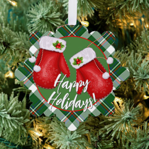 Custom Santas Mittens On Red Green Plaid Pattern Ornament Card