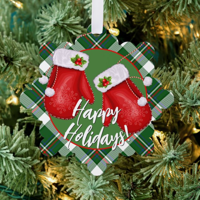 Custom Santas Mittens On Red Green Plaid Pattern Ornament Card (Insitu (Tree))