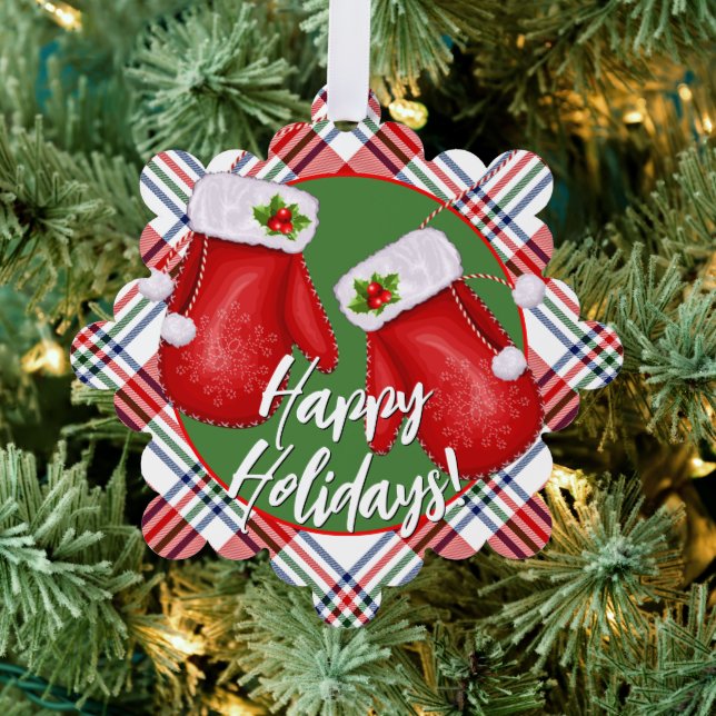 Custom Santas Mittens On Red Green Plaid Pattern Ornament Card (Insitu (Tree))