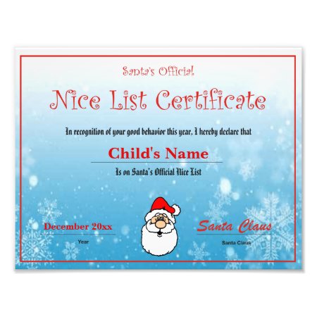 Custom Santa's Nice List Certificate Photo Print