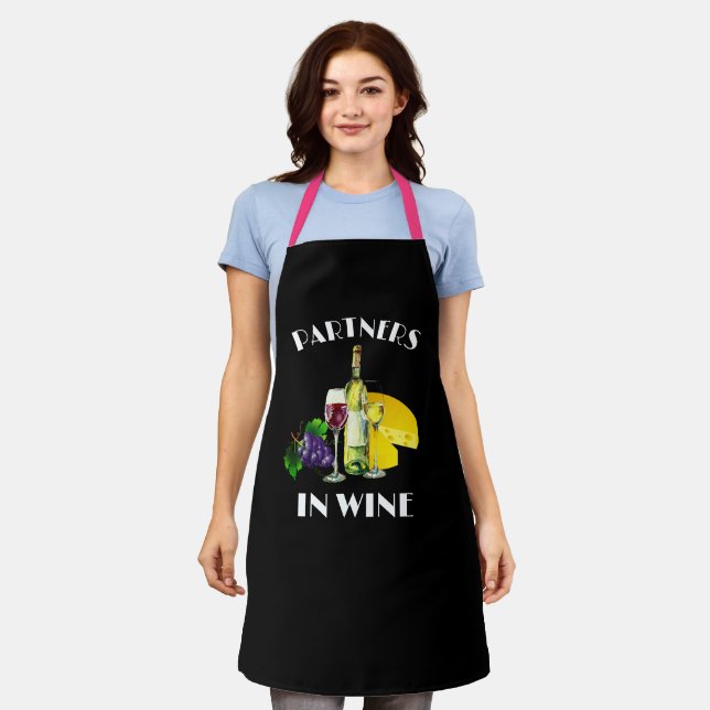 Custom Sassy Partners in Wine Personalized Black Apron (Worn)