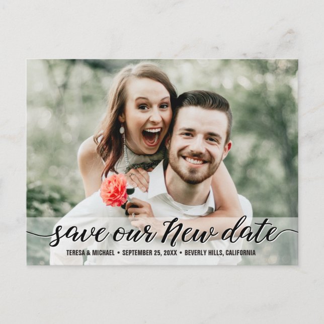 Custom Save our New Date wedding Postponement Postcard (Front)