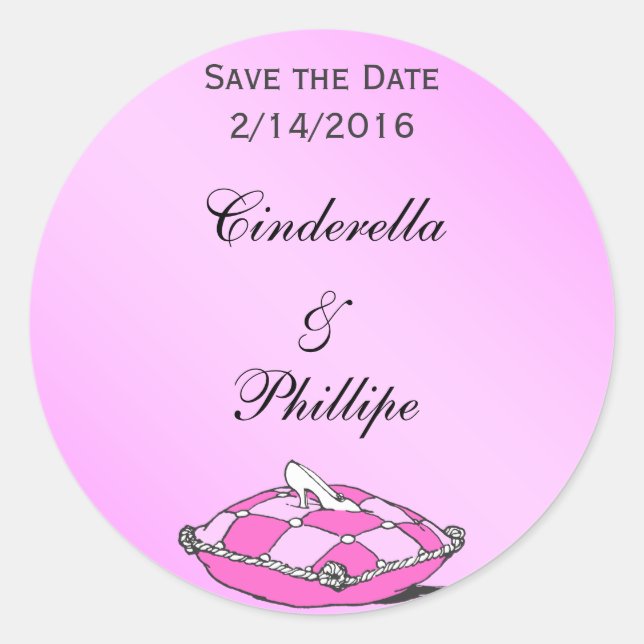 Custom Save the Date Cinderella Slipper Pink Classic Round Sticker (Front)