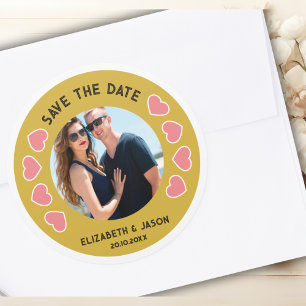 Custom Save The Date Photo and Hearts Classic Round Sticker