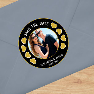 Custom Save the Date Photo and Hearts Classic Round Sticker