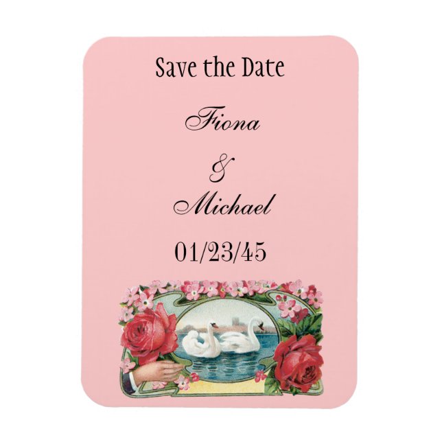 Custom Save the Date Swans and Roses Magnet (Vertical)
