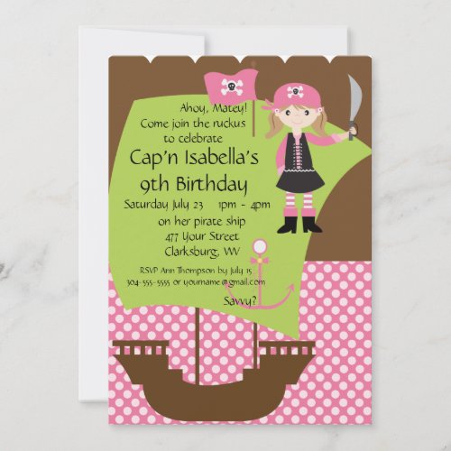 Custom Savvy Pirate Girl Birthday Party Personalized Invites