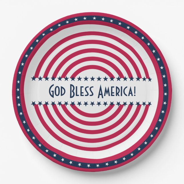 Custom Saying God Bless America Stars n Stripes Paper Plates (Front)