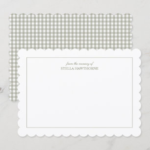 Custom Scallop Elegant Script Sage Green Gingham Note Card