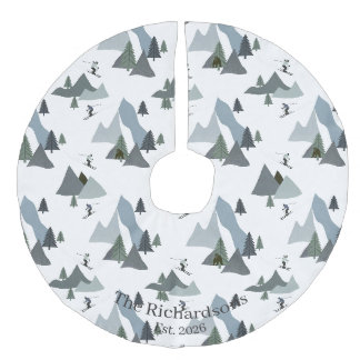 Custom Scandi winter skiing mountain Christmas Faux Linen Tree Skirt