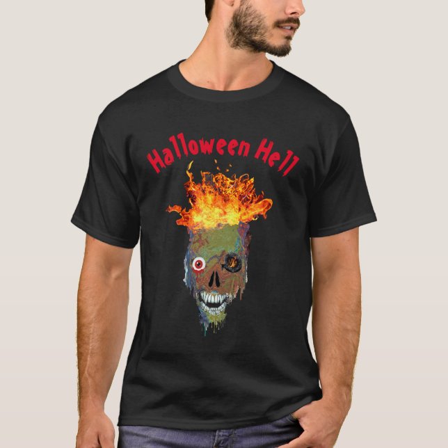 Custom Scary Halloween Hell Flame Skull Graphic T-Shirt (Front)