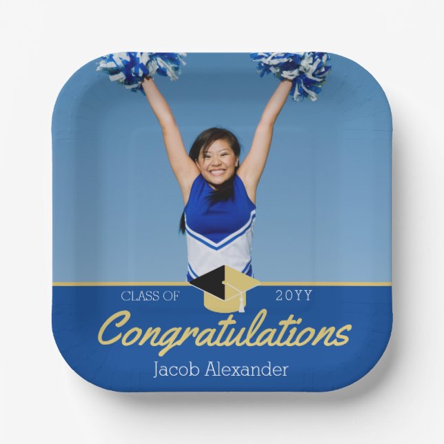 Custom School Class Photo Blue Graduation  Paper Plates (Front)
