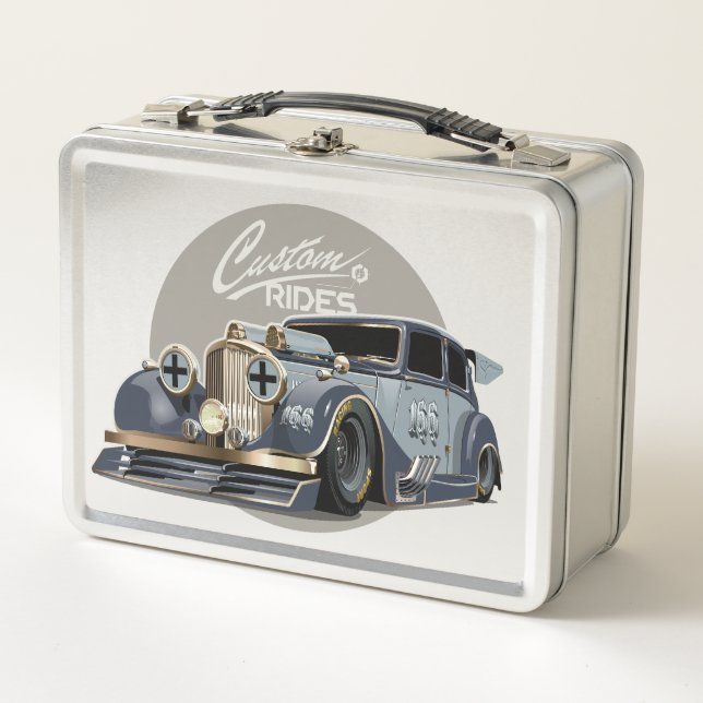 Custom sci-fi retro race car metal lunch box (Front)