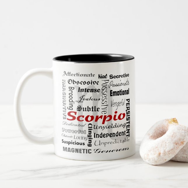 Custom Scorpio Horoscope Zodiac Traits Collage Two-Tone Coffee Mug (With Donut)