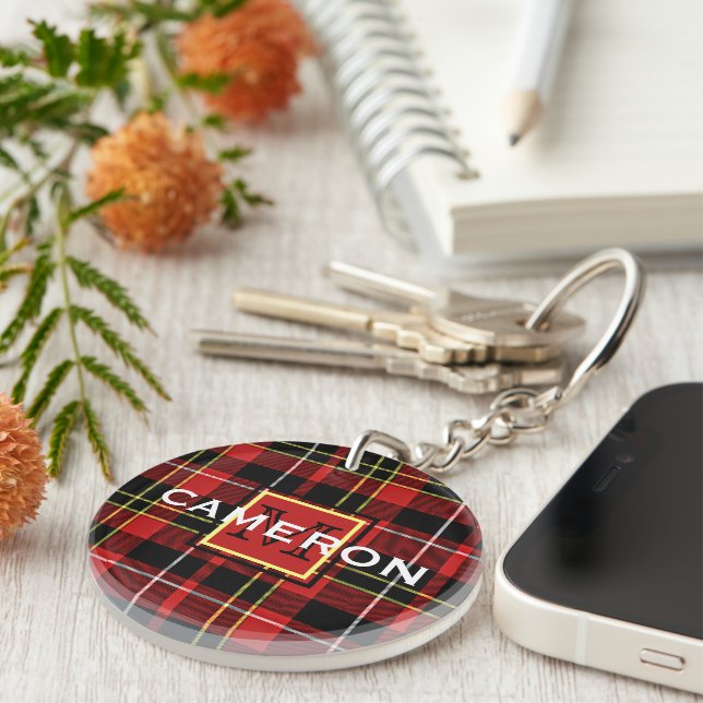 Custom Scots Red Black Yellow White Tartan Pattern Keychain (Front Right)