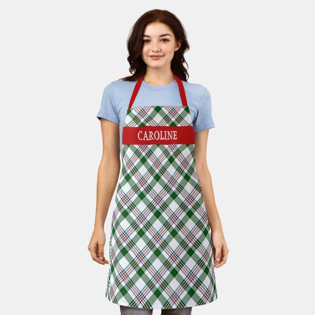 Custom Scottish Red Green White Blue Plaid Pattern Apron (Worn)