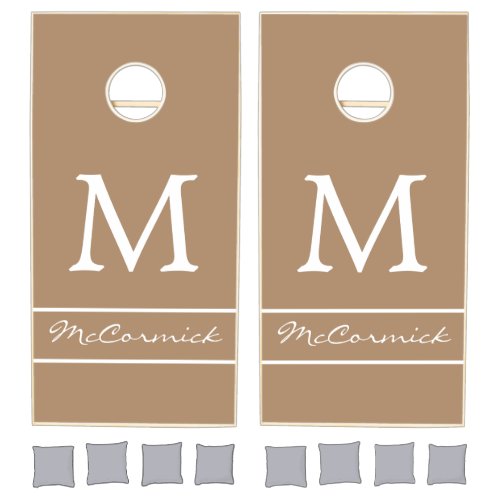 Custom Script Beige Brown And White Monogram Name Cornhole Set