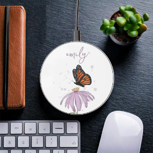 Custom Script Botanical Butterfly Personalized Wireless Charger