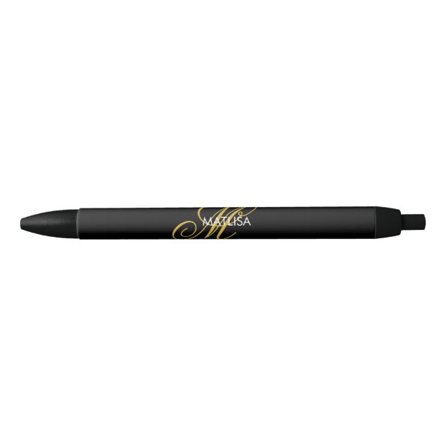 Custom Script Elegant Black Gold Monogram Name   Pen (Front)