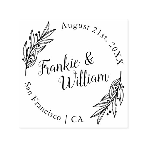 Custom Script  Elegant Leaves  Round Wedding Self_inking Stamp